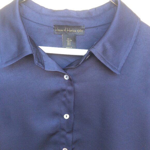 HOUSE OF HARLOW 1960 | NWOT Navy Blue Satin Boxy Button Up Side Tie Crop Top L - Picture 4 of 11